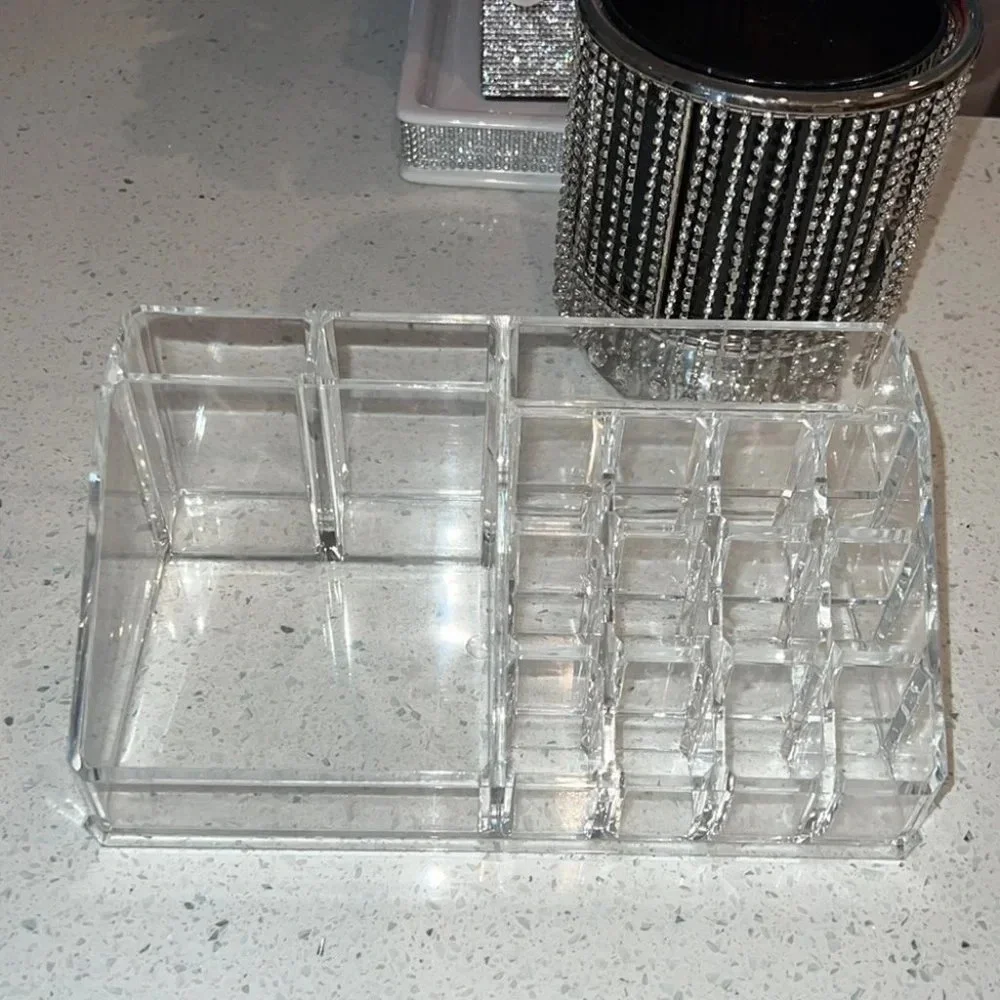 Makeup organizer acrylic clear hard cosmetic skincare organization desk tray